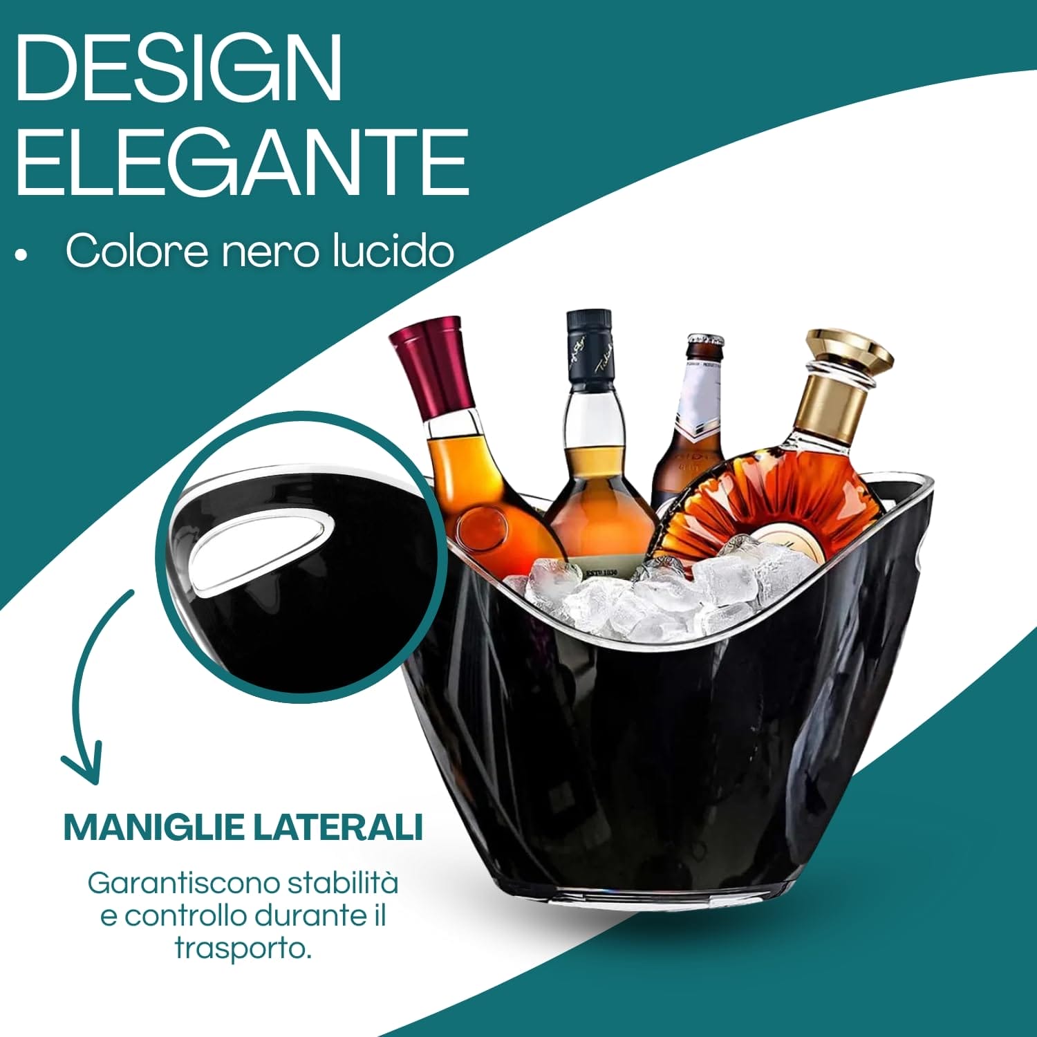 Secchiello portaghiaccio nero con maniglie laterali e design elegante
