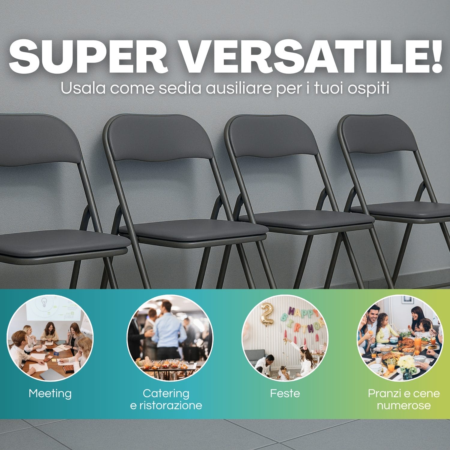 Sedie pieghevoli grigie ideali per meeting, catering, feste e grandi tavolate