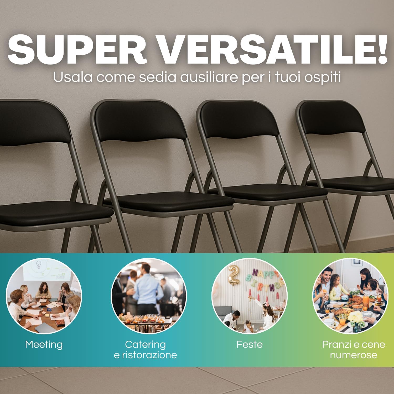 Sedie pieghevoli nere allineate, soluzione versatile per ospiti, eventi e riunioni