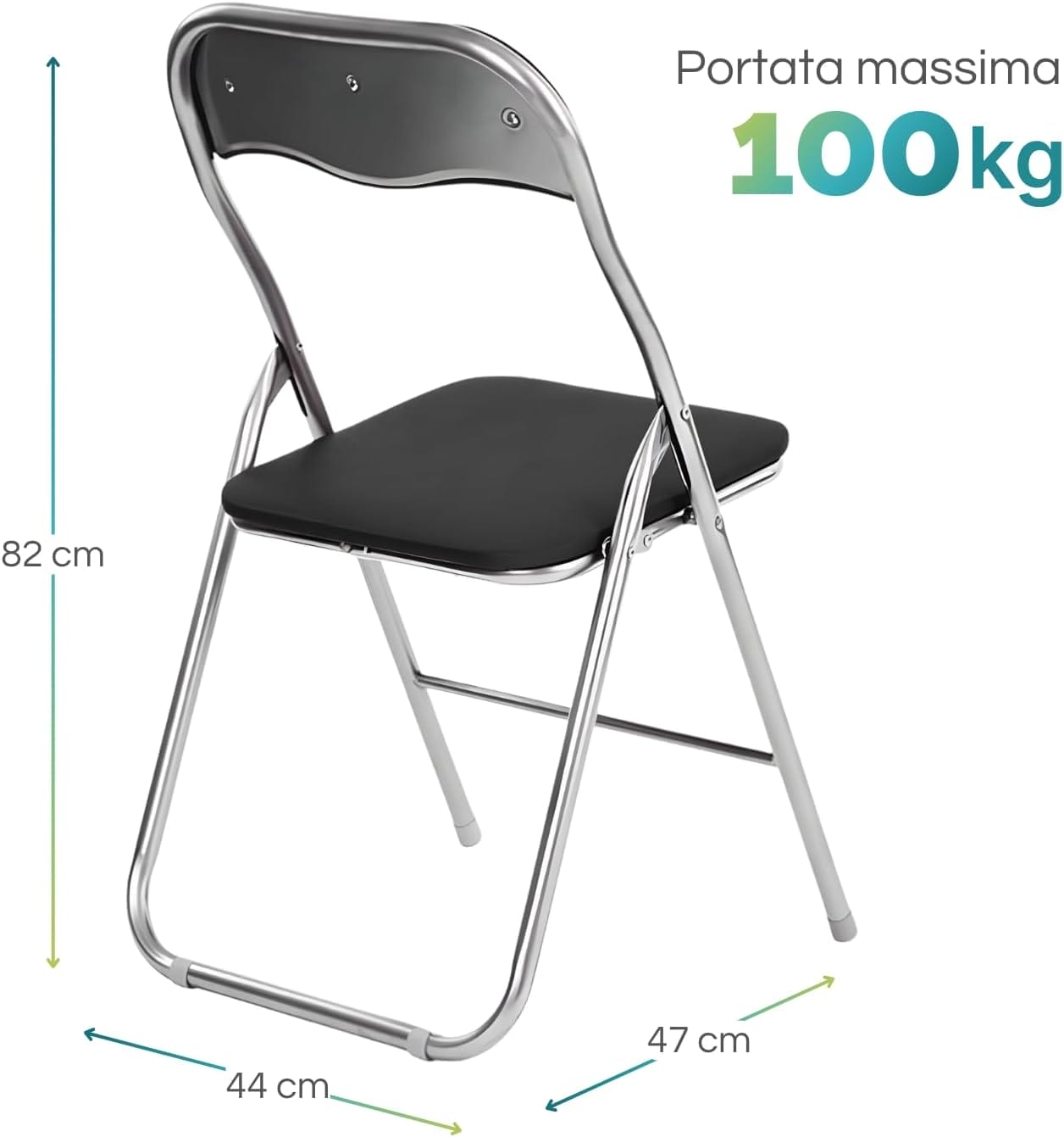 Sedia pieghevole nera con misure 44x47x82 cm, compatta e ideale come seduta ausiliaria