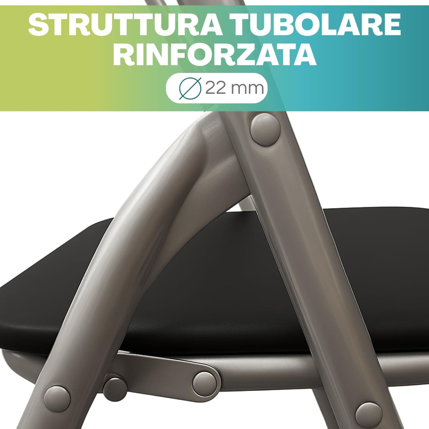 Struttura tubolare rinforzata Ø22 mm della sedia pieghevole nera, solida e stabile