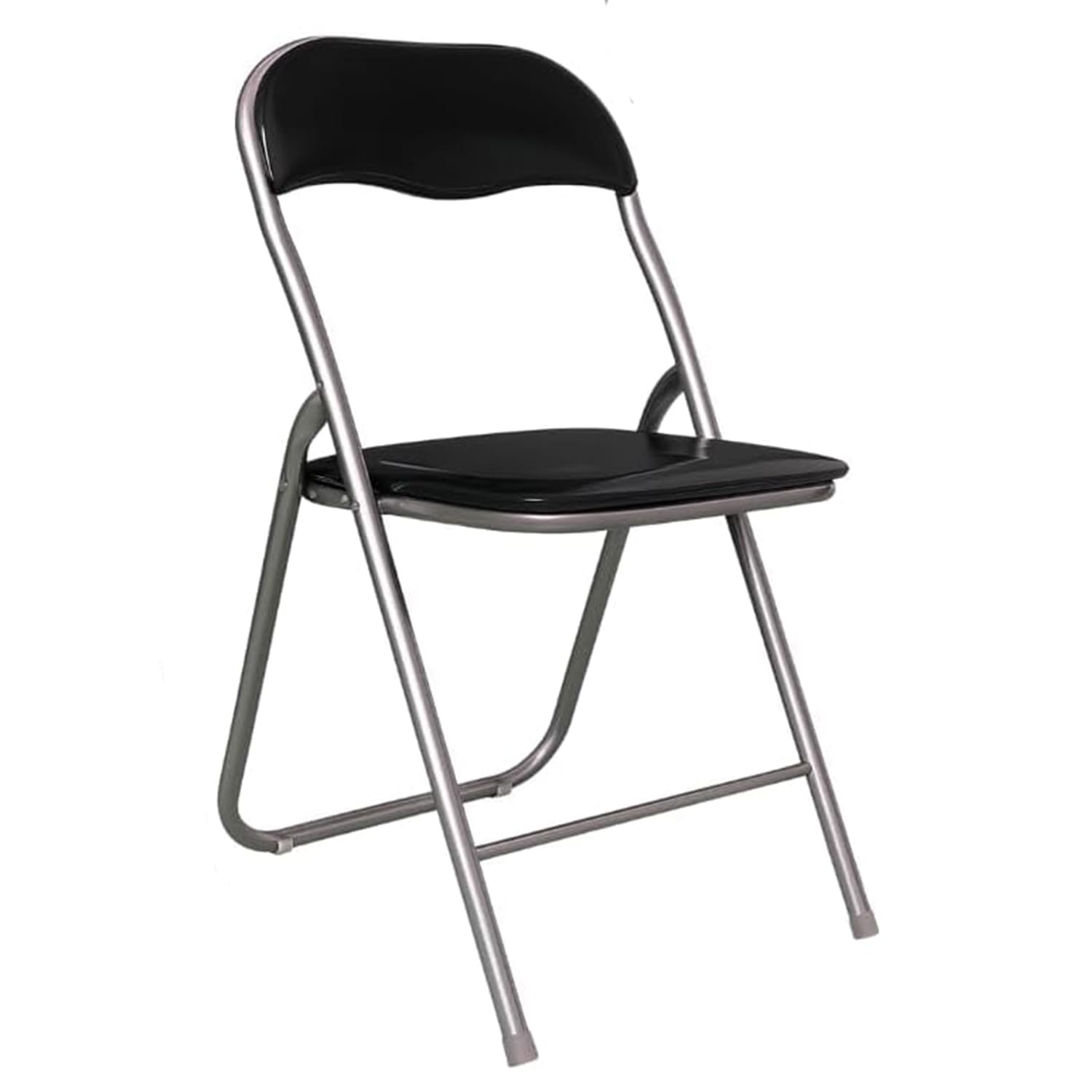 Sedia pieghevole nera con struttura in metallo e seduta imbottita, design compatto e stabile