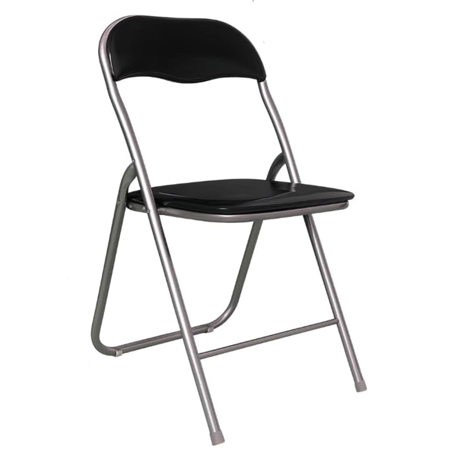 Sedia pieghevole nera con struttura in metallo e seduta imbottita, design compatto e stabile
