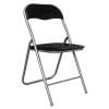 Sedia pieghevole nera con struttura in metallo e seduta imbottita, design compatto e stabile