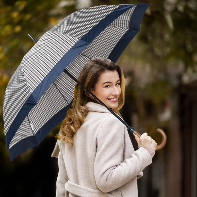 Ombrello da pioggia maxi automatico con 10 stecche in tessuto pongee fantasia a scacchi blu