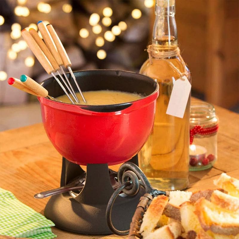 set forchette da fonduta a 2 punte in acciaio inox con manico in legno per fonduta di formaggio