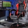 Sedia gaming ergonomica reclinabile nera e rossa con poggiapiedi e cuscino lombare