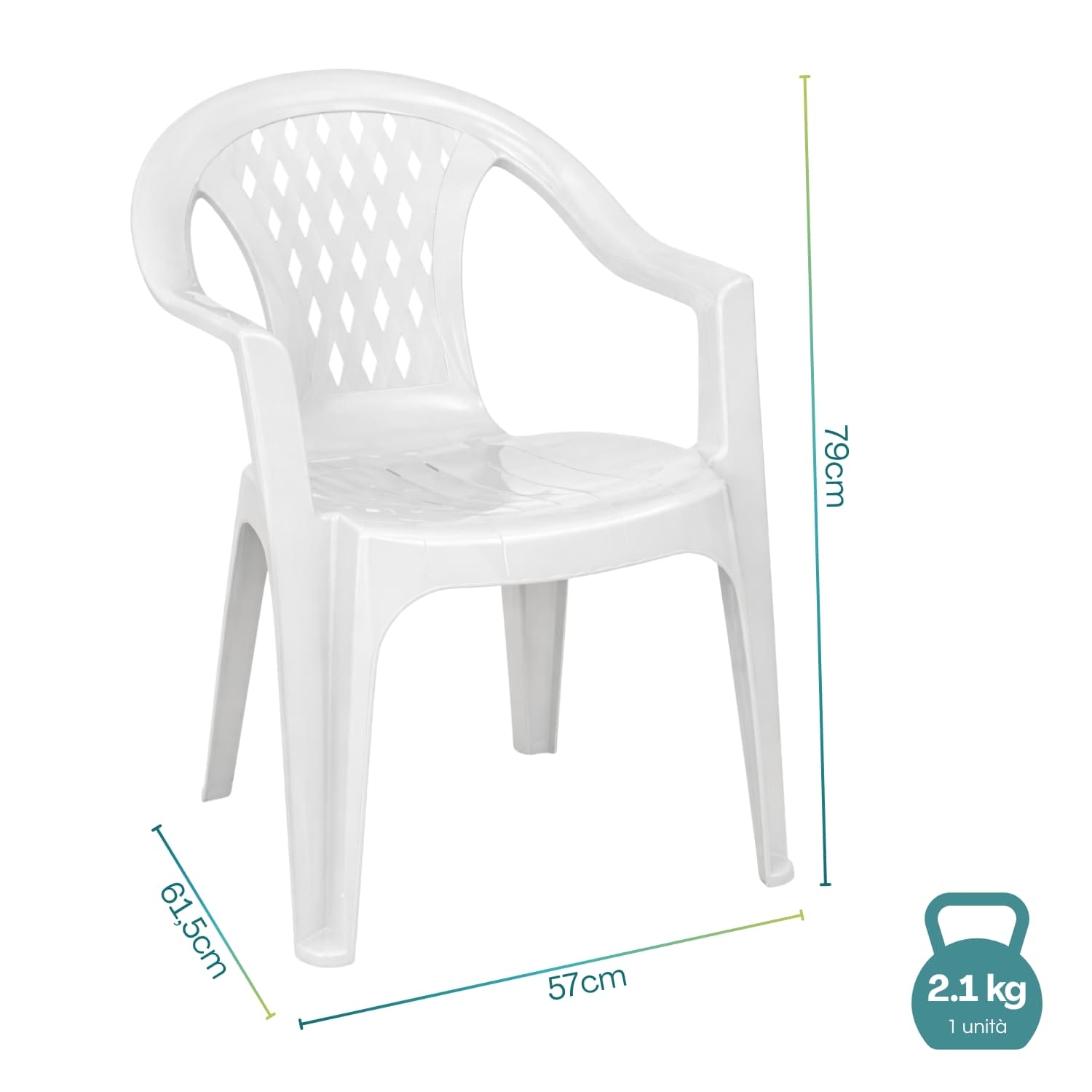 Sedia plastica bianca impilabile con dimensioni 57x61,5x79 cm e peso 2,1 kg