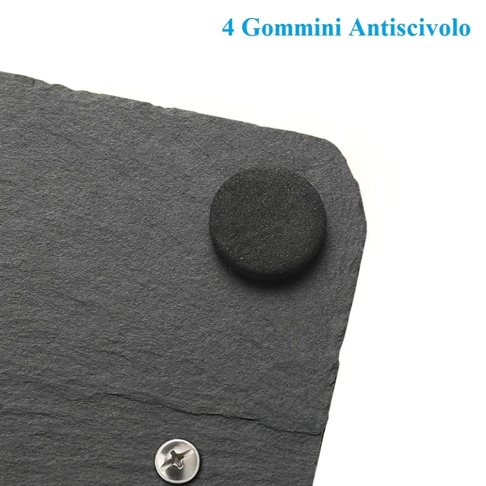 dettaglio gommino antiscivolo su vassoio in ardesia con retro rinforzato