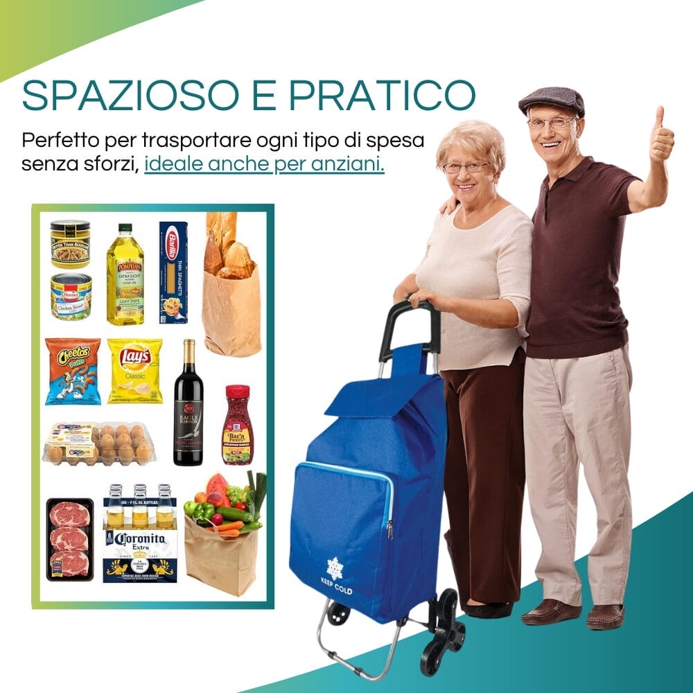 Carrello spesa blu a 6 ruote con tasca termica frontale