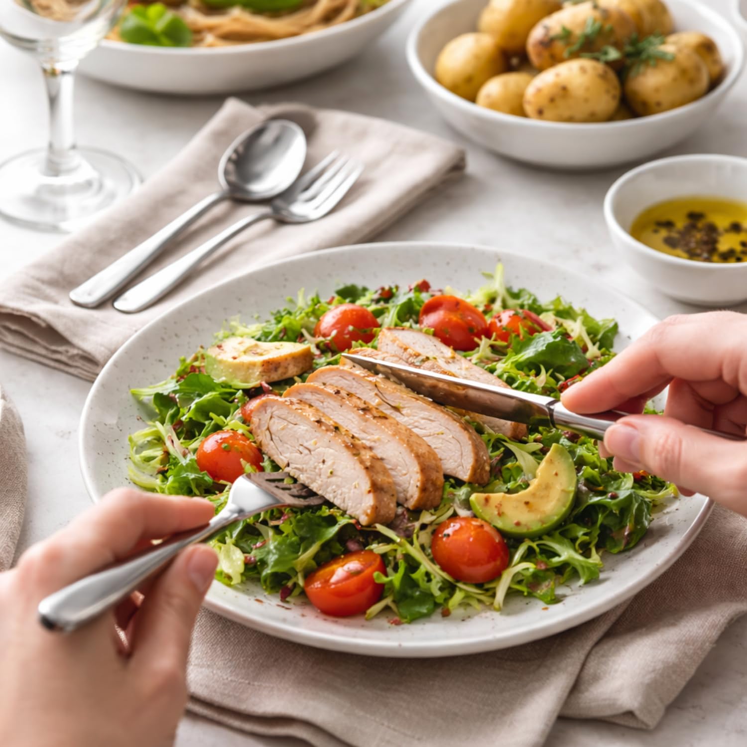 Posate in acciaio inox utilizzate a tavola durante un pasto con insalata e carne