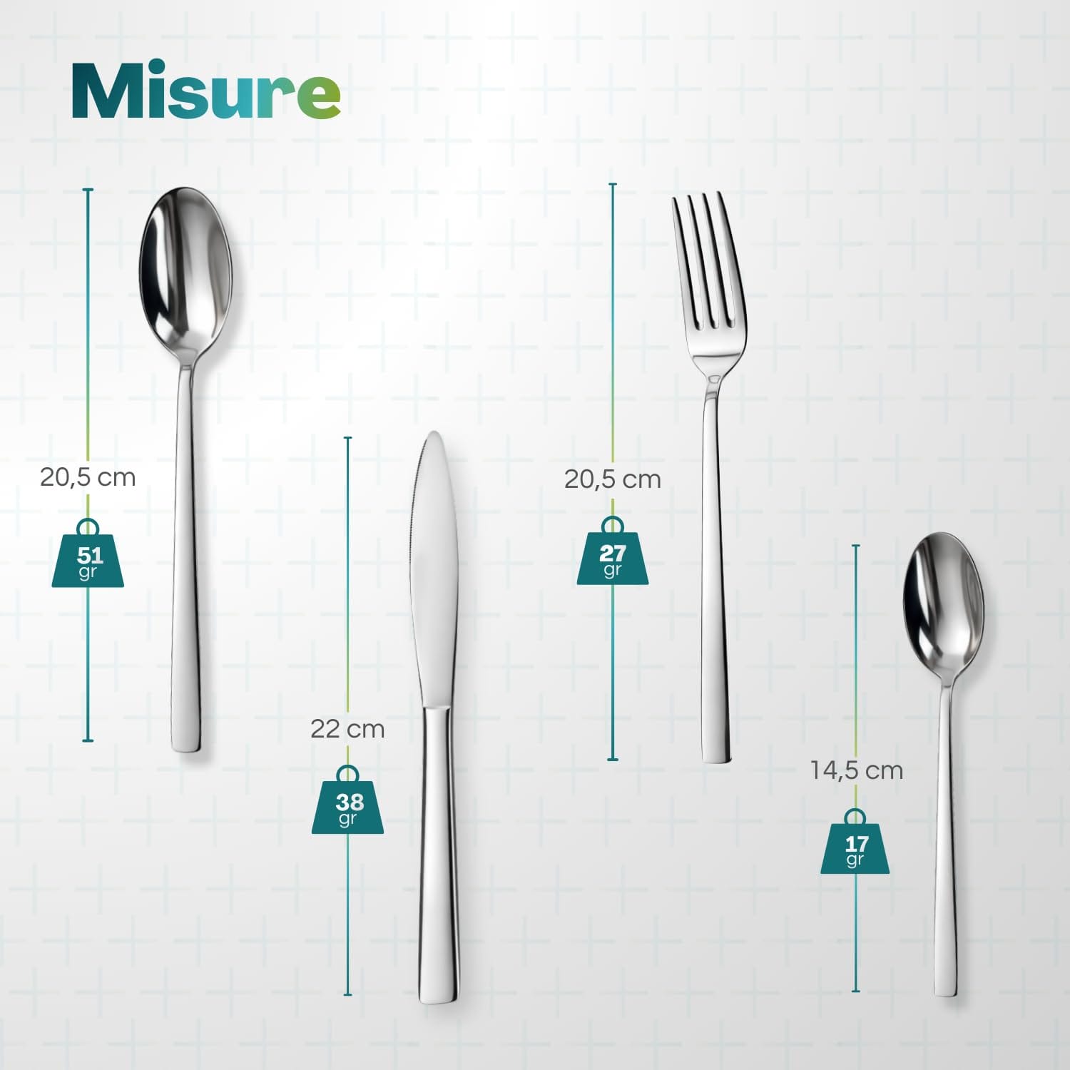 Misure e peso di forchetta coltello cucchiaio e cucchiaino in acciaio inox