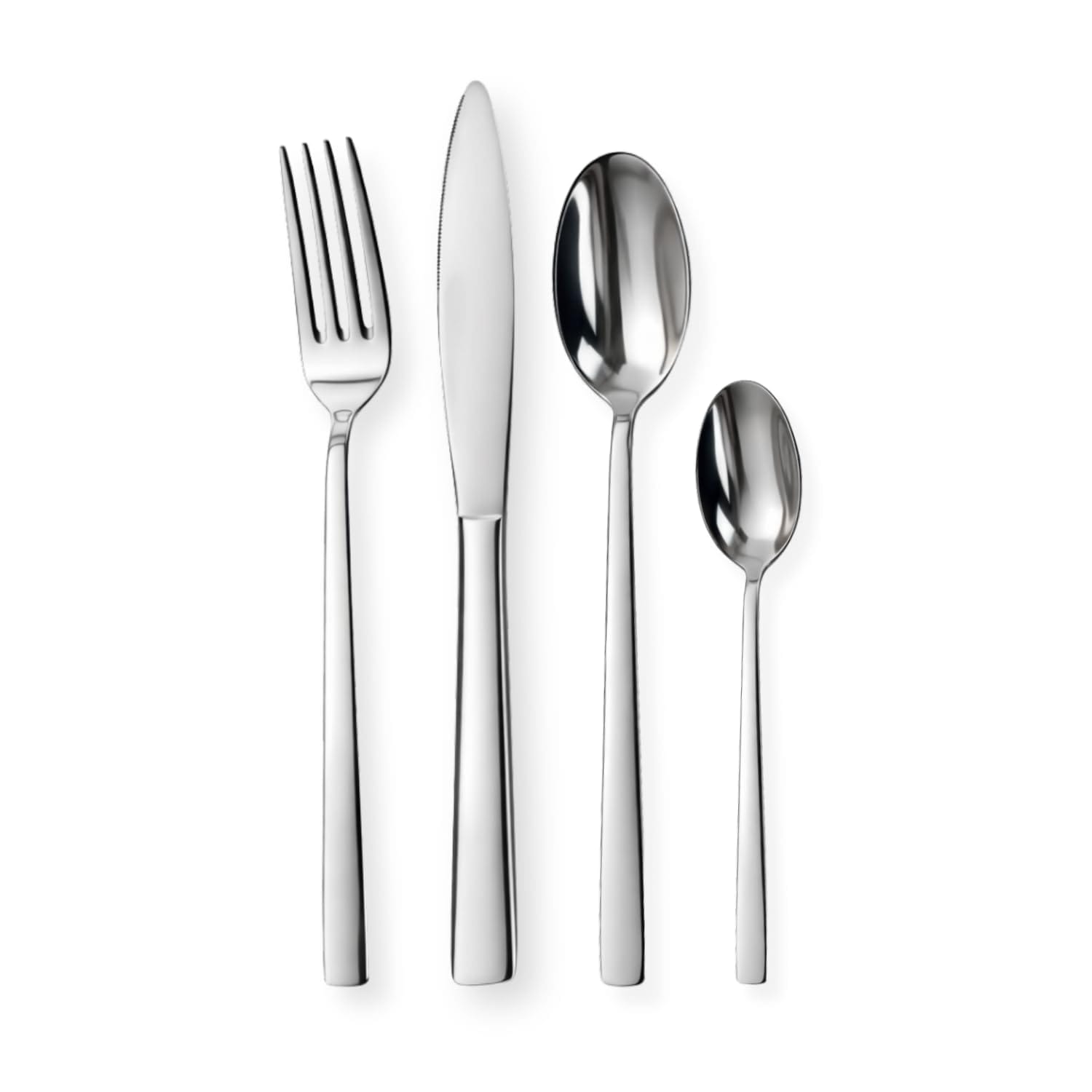 Set posate in acciaio inox con forchetta coltello cucchiaio e cucchiaino su sfondo bianco