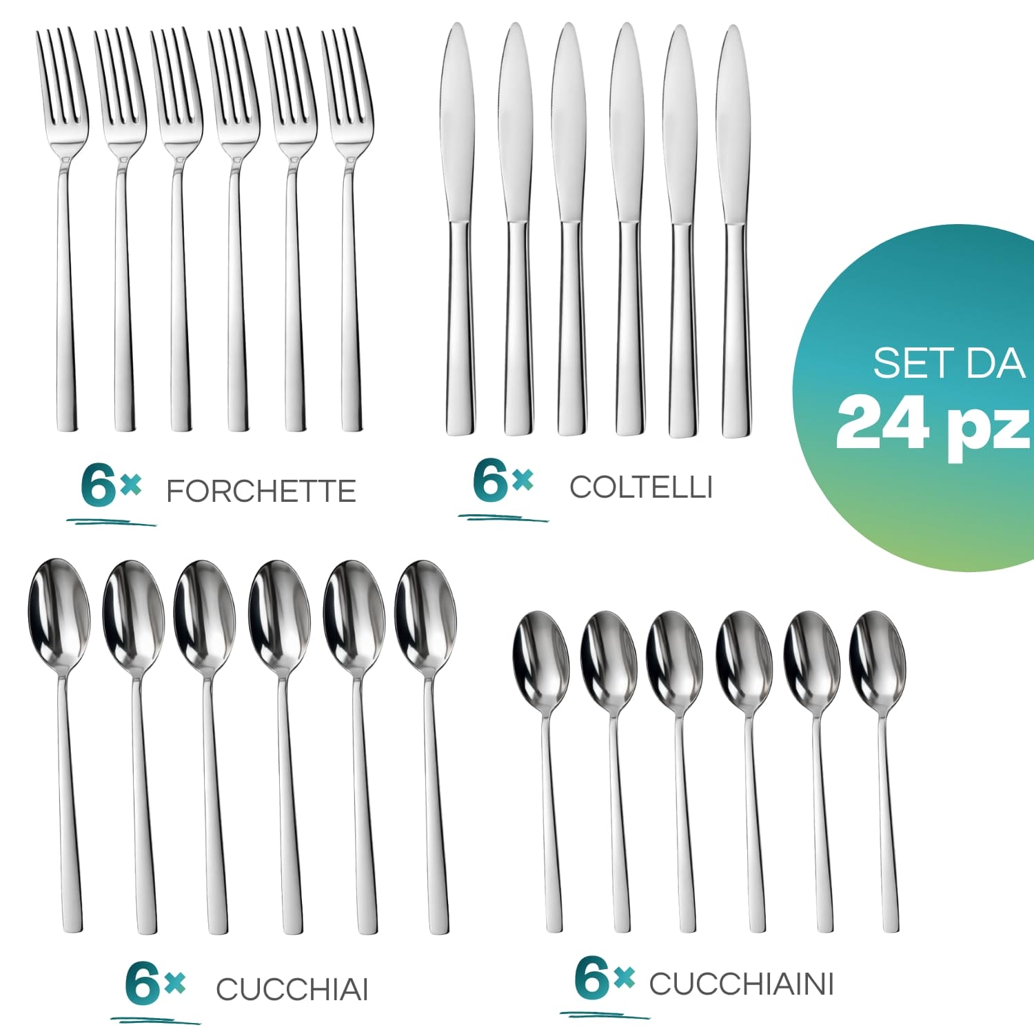 Set da 24 posate in acciaio inox con 6 forchette, coltelli, cucchiai e cucchiaini