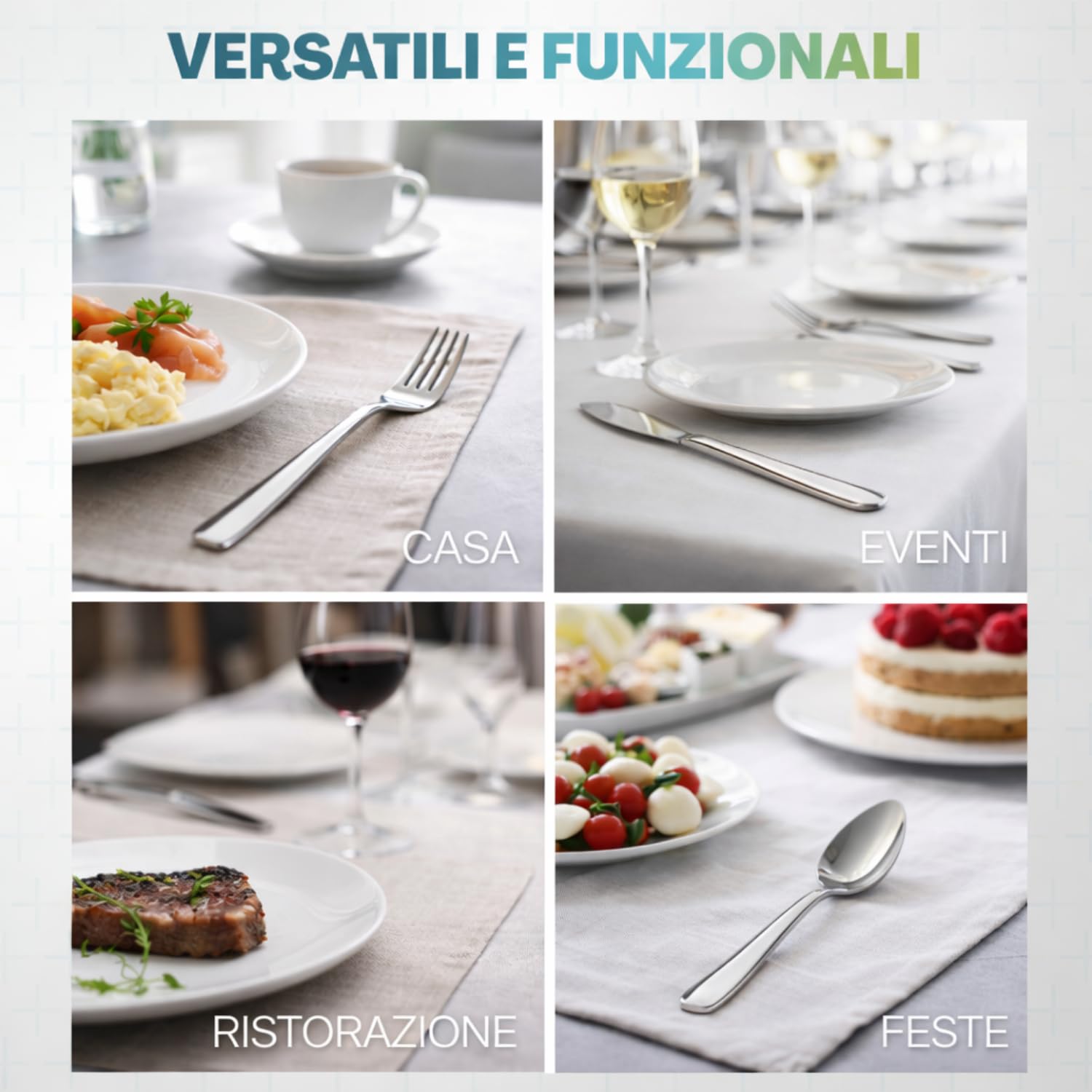 Set posate in acciaio inox utilizzabile per casa, eventi, ristorazione e feste
