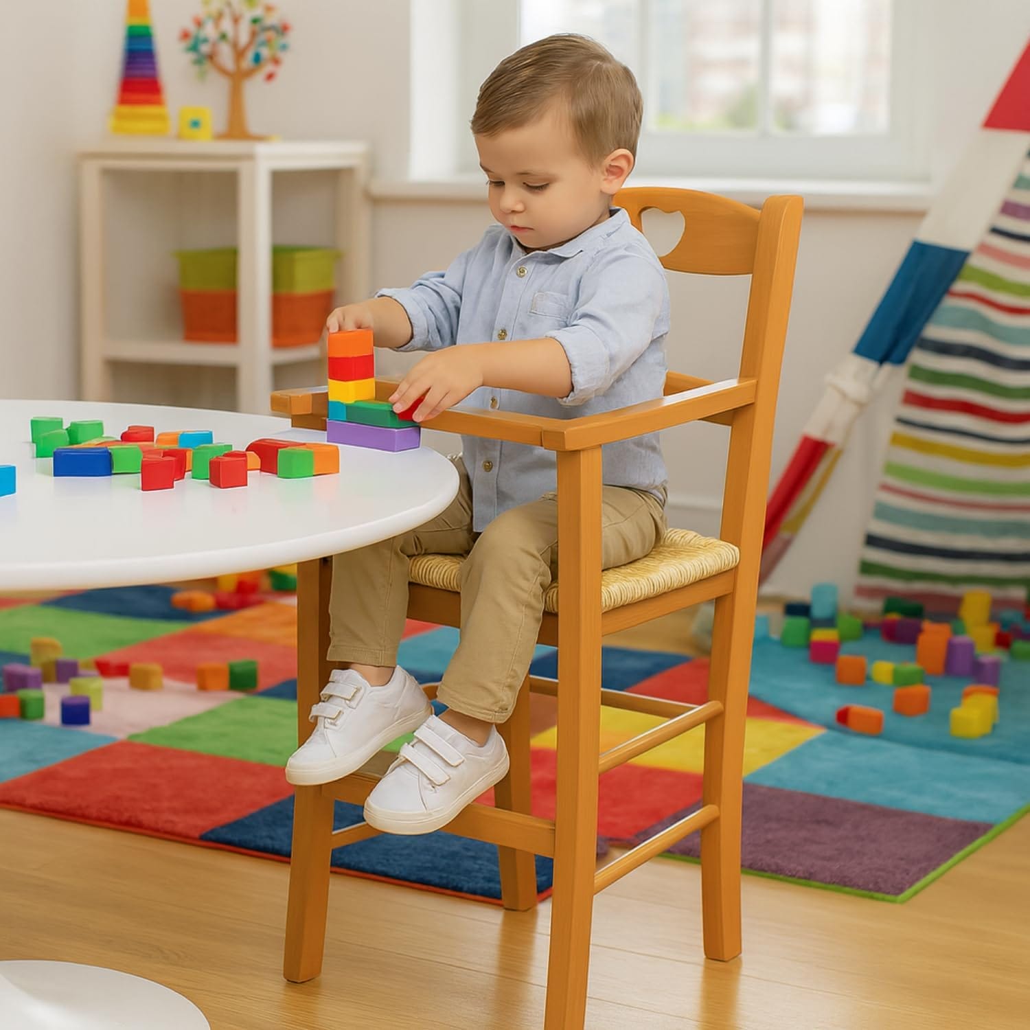 Bambino gioca su seggiolone in legno di faggio ciliegio con seduta in paglia intrecciata