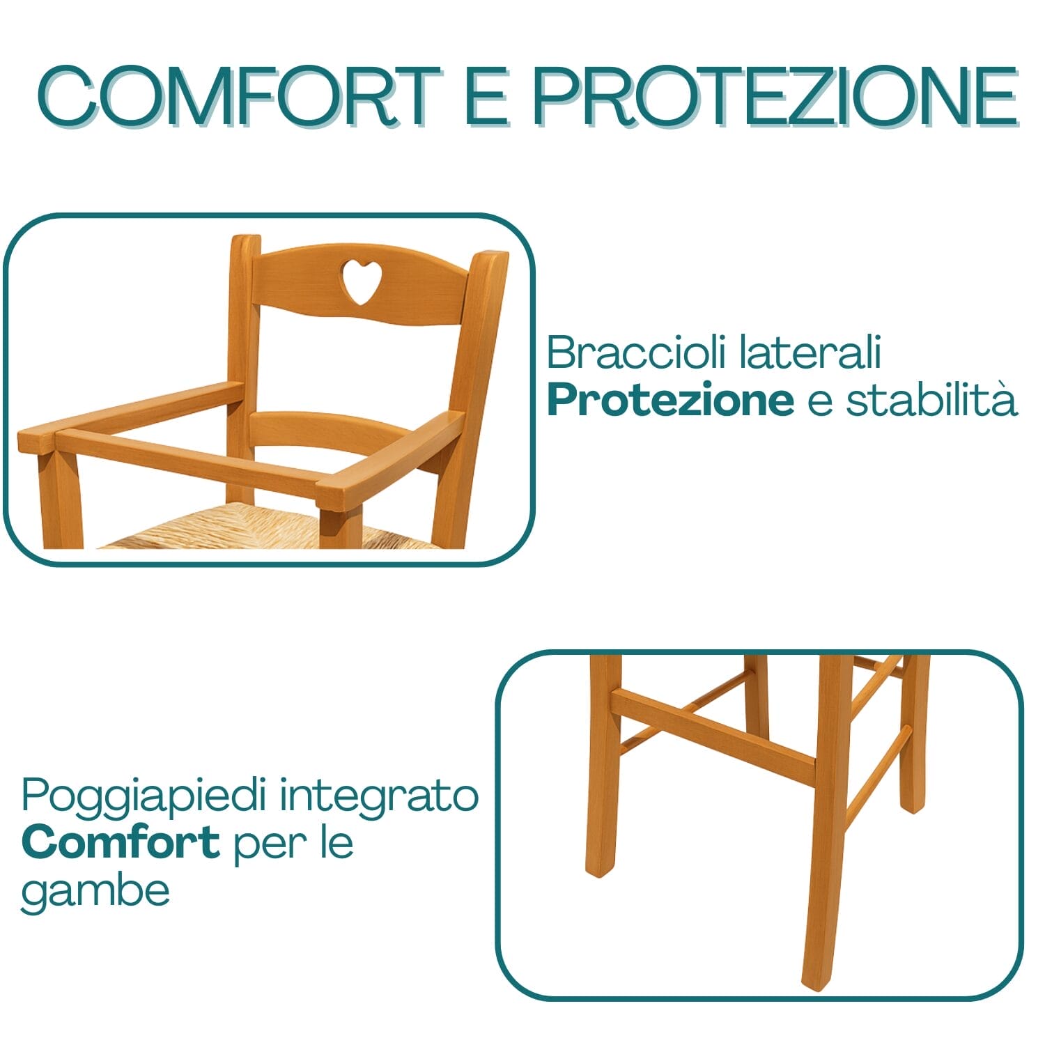 Seggiolone in legno con braccioli protettivi e poggiapiedi integrato per comfort e stabilità