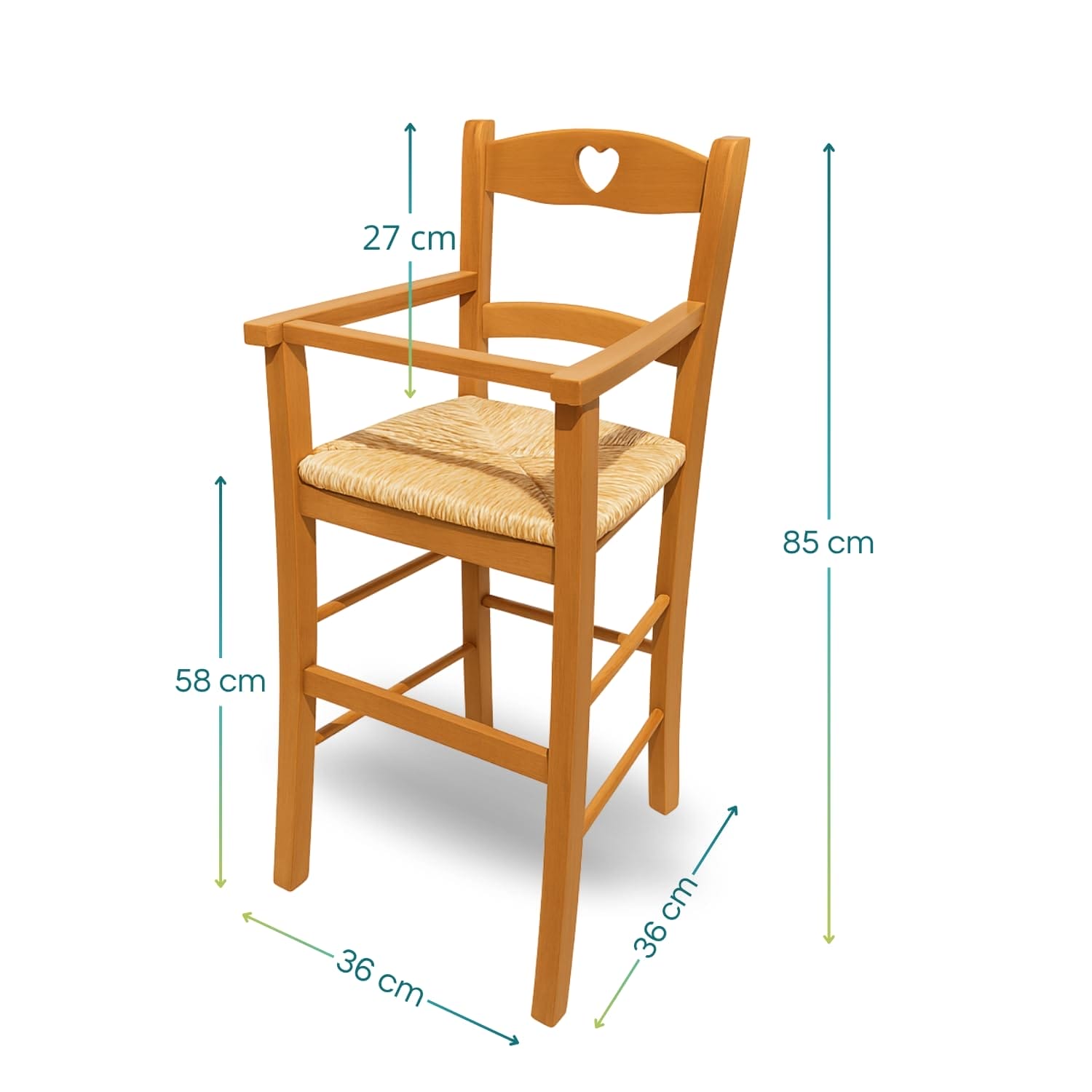 misure - seggiolone ciliegio Seggiolone in legno di faggio ciliegio con seduta in paglia intrecciata, dimensioni 36x36x85 cm