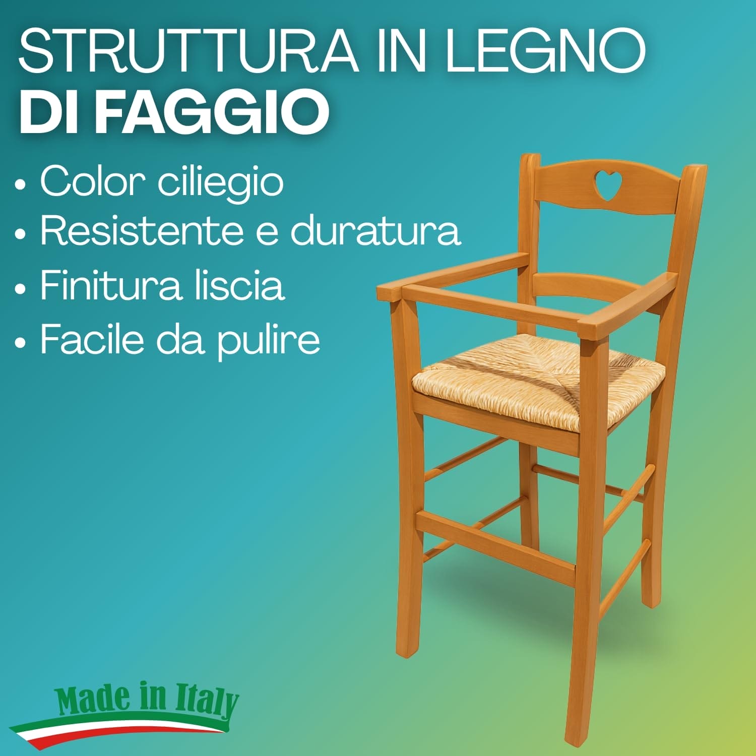 Seggiolone in legno di faggio ciliegio resistente con seduta in paglia intrecciata Made in Italy
