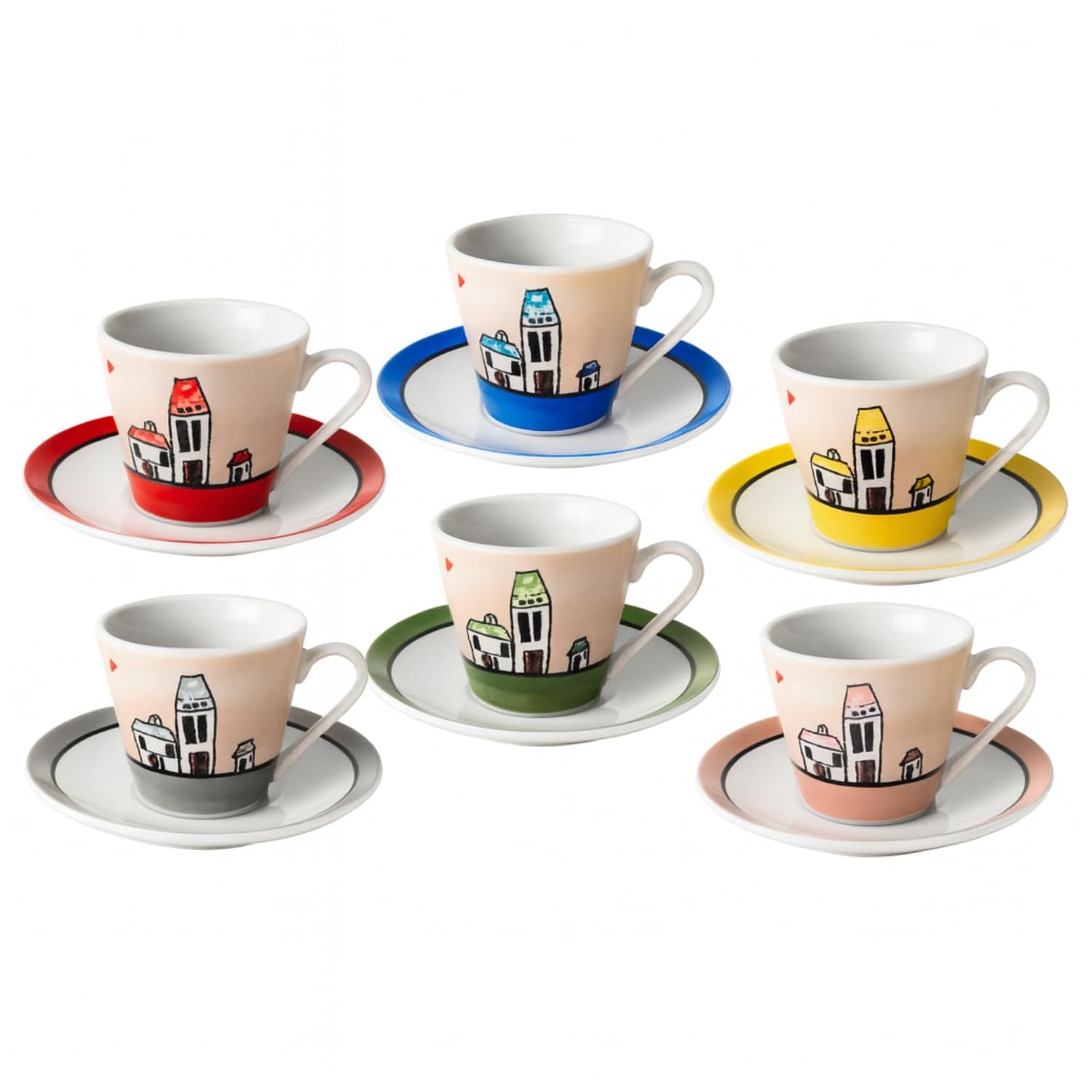 Set 6 tazzine caffè porcellana fantasia casette con piattini colorati