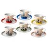 Set 6 tazzine caffè porcellana fantasia casette con piattini colorati