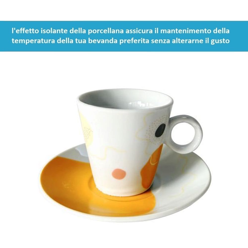 tazzina in porcellana con piattino decorata arancione e motivi geometrici