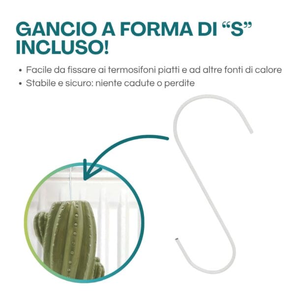 Set 3 Evaporatori Per Termosifoni In Ceramica A Forma Di Cactus - Umidificatore Con Gancio A S, Verde - Foto 3