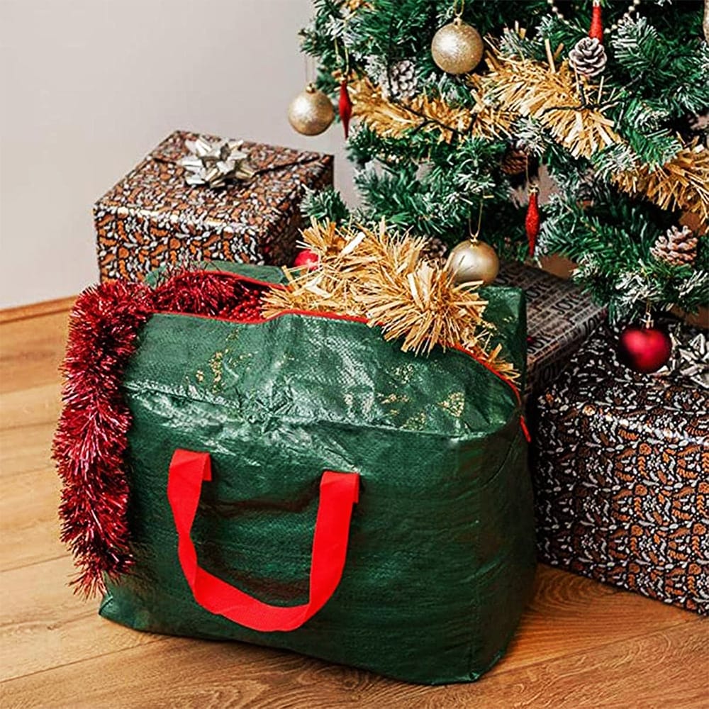 Custodia natalizia 46x25x38 cm verde con manici rossi per palline e decorazioni