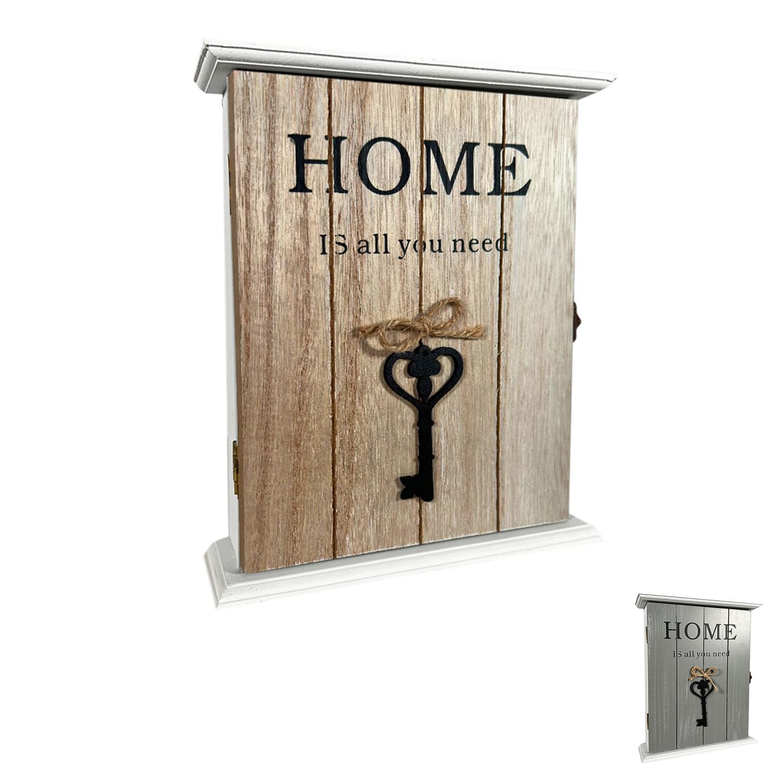 Cassetta portachiavi in legno da parete con scritta Home, organizer chiavi casa 24 cm colore legno shabby chic