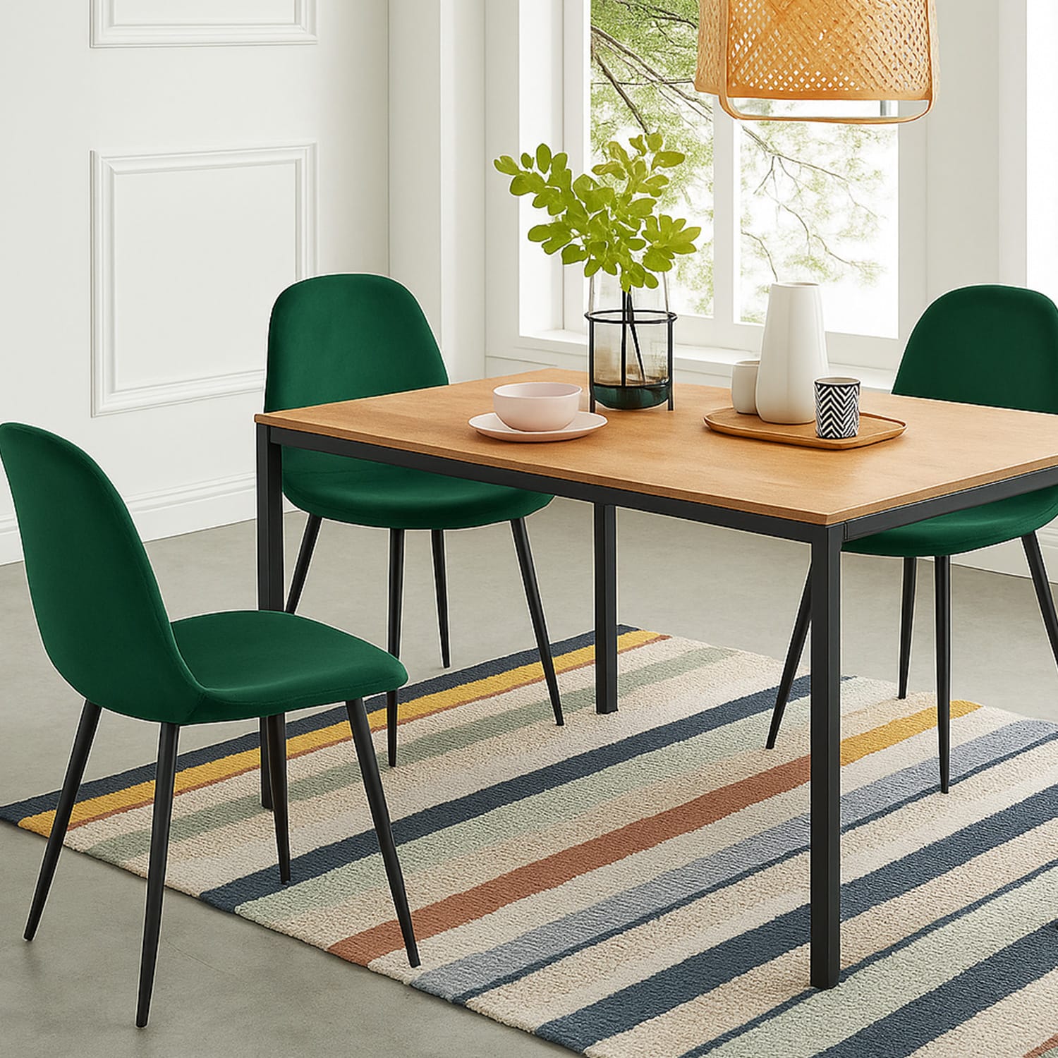 Sedie in velluto verde Paluplus abbinate a tavolo in legno e arredo moderno