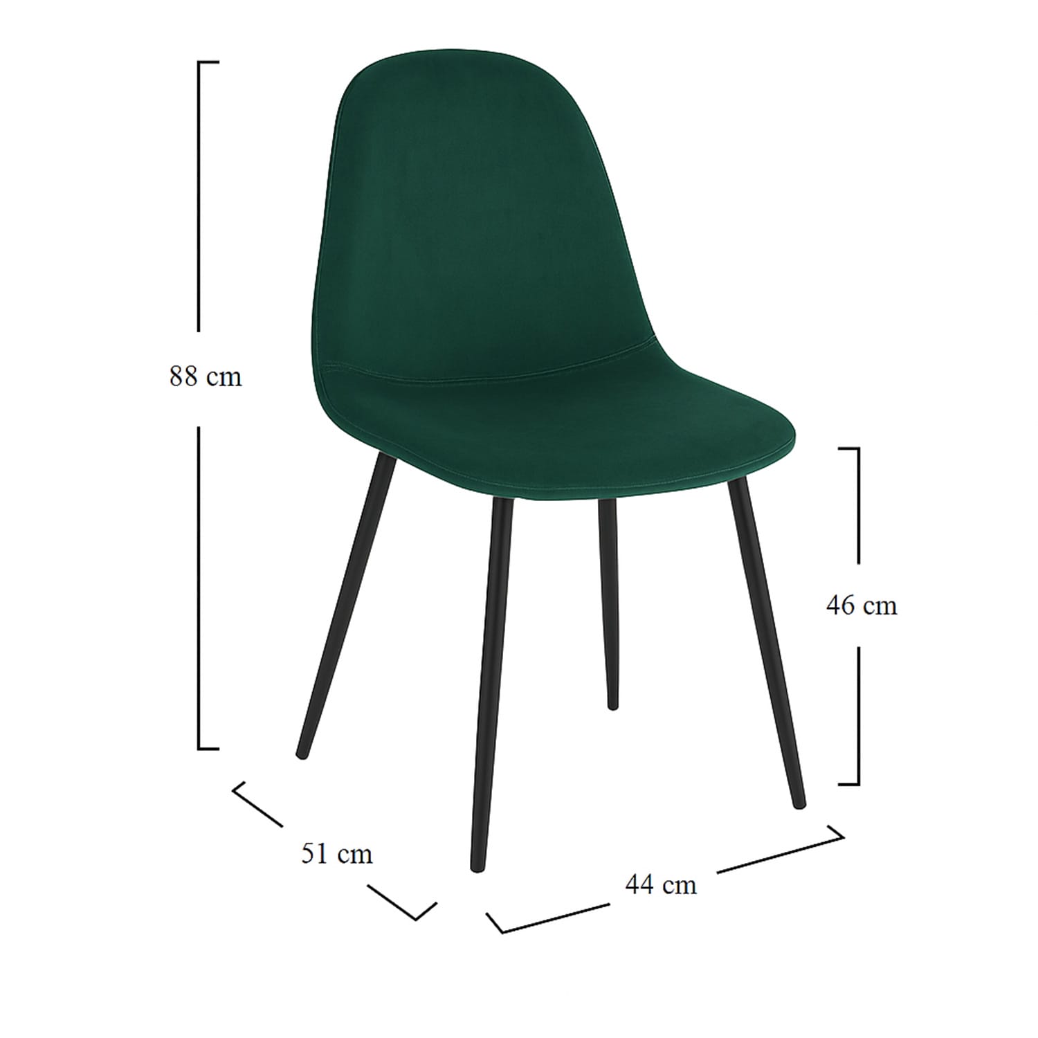Sedia in velluto verde con dimensioni 44x51x88 cm e gambe nere in metallo