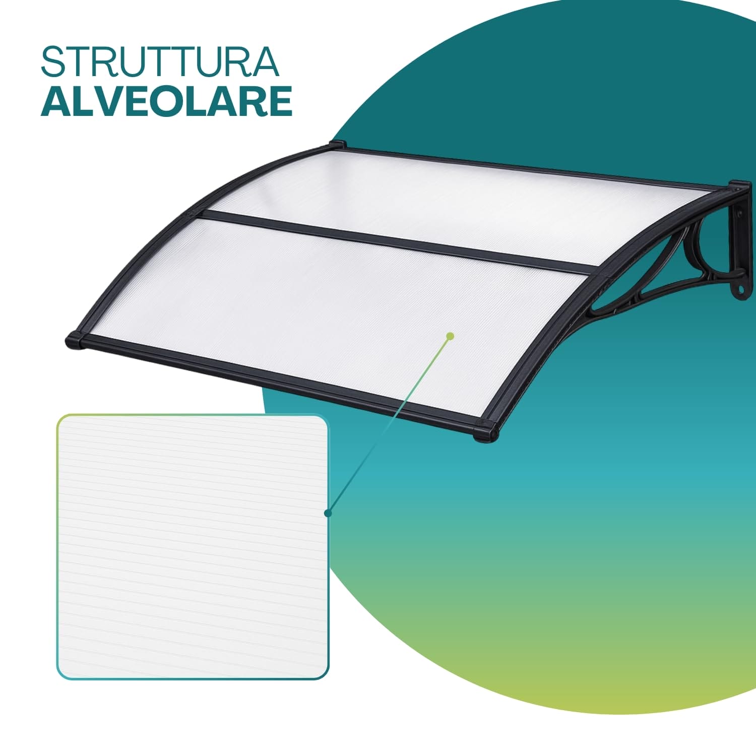 Pensilina trasparente 120x80 cm con pannello alveolare robusto e duraturo