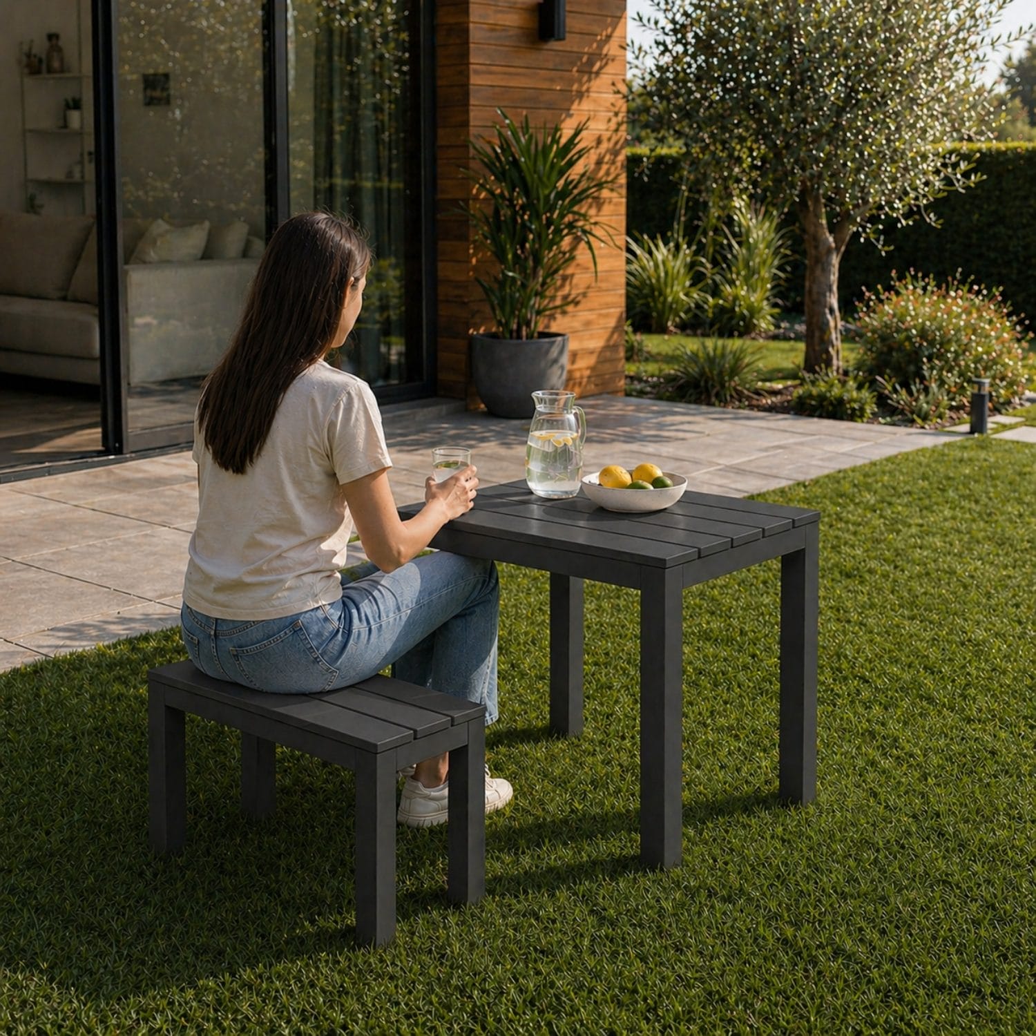 Panca e tavolo da esterno effetto legno su terrazzo moderno