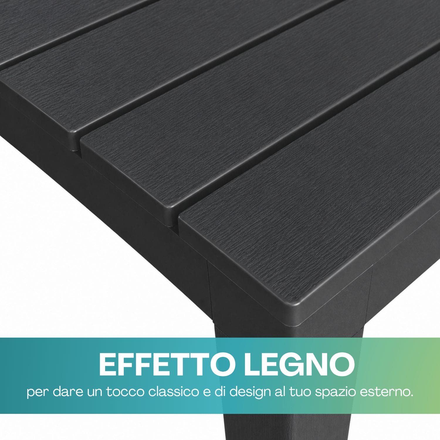 Panca effetto legno nera dettaglio superficie in polipropilene resistente