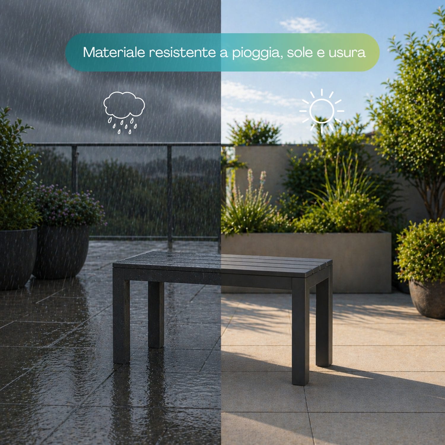 Panca esterna resistente a pioggia e sole in plastica effetto legno