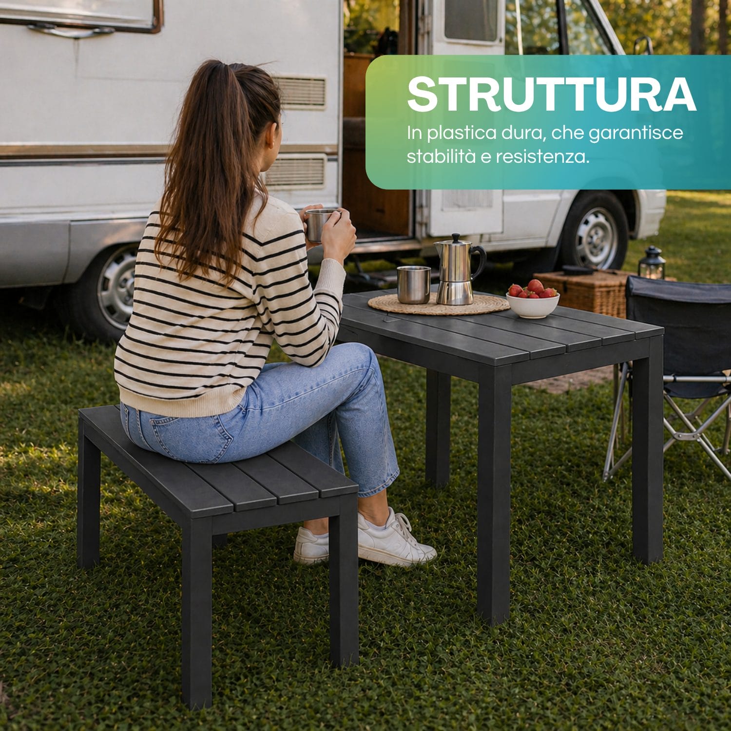 Panca e tavolo da esterno neri in plastica resistente per giardino