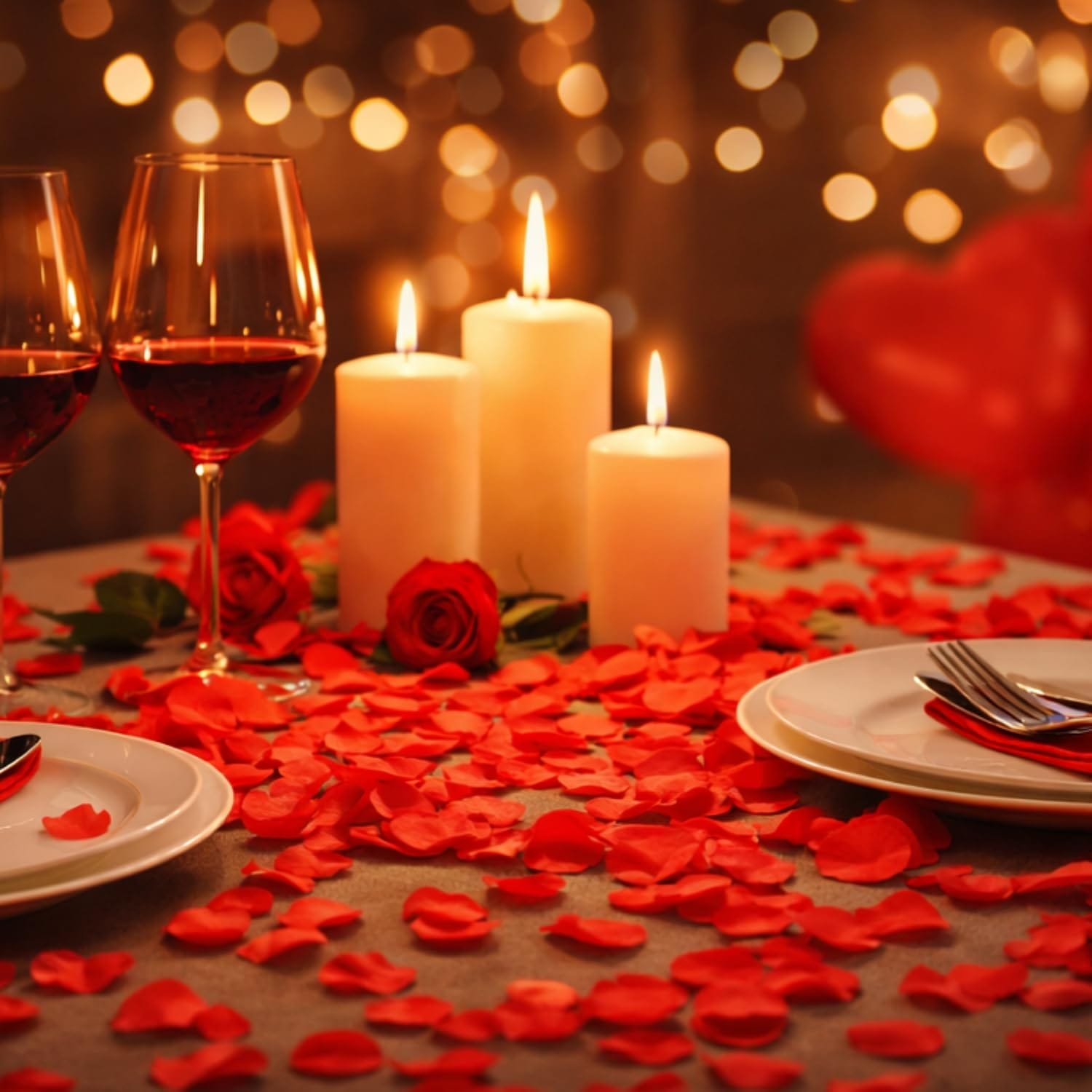 Petali di rosa artificiali rossi decorativi su tavolo romantico con candele e calici, allestimento per San Valentino