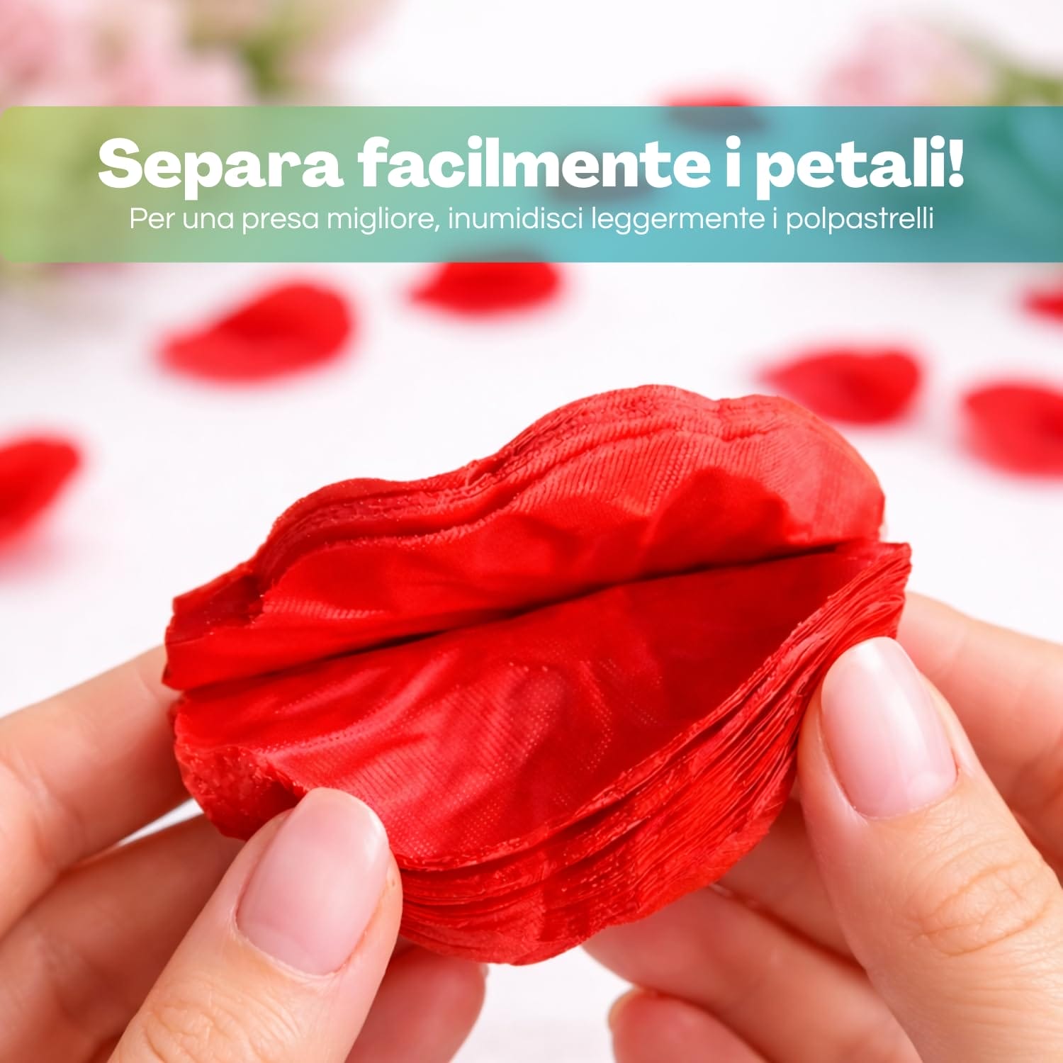 Separazione manuale di petali di rosa artificiali rossi, facili da usare e riutilizzabili
