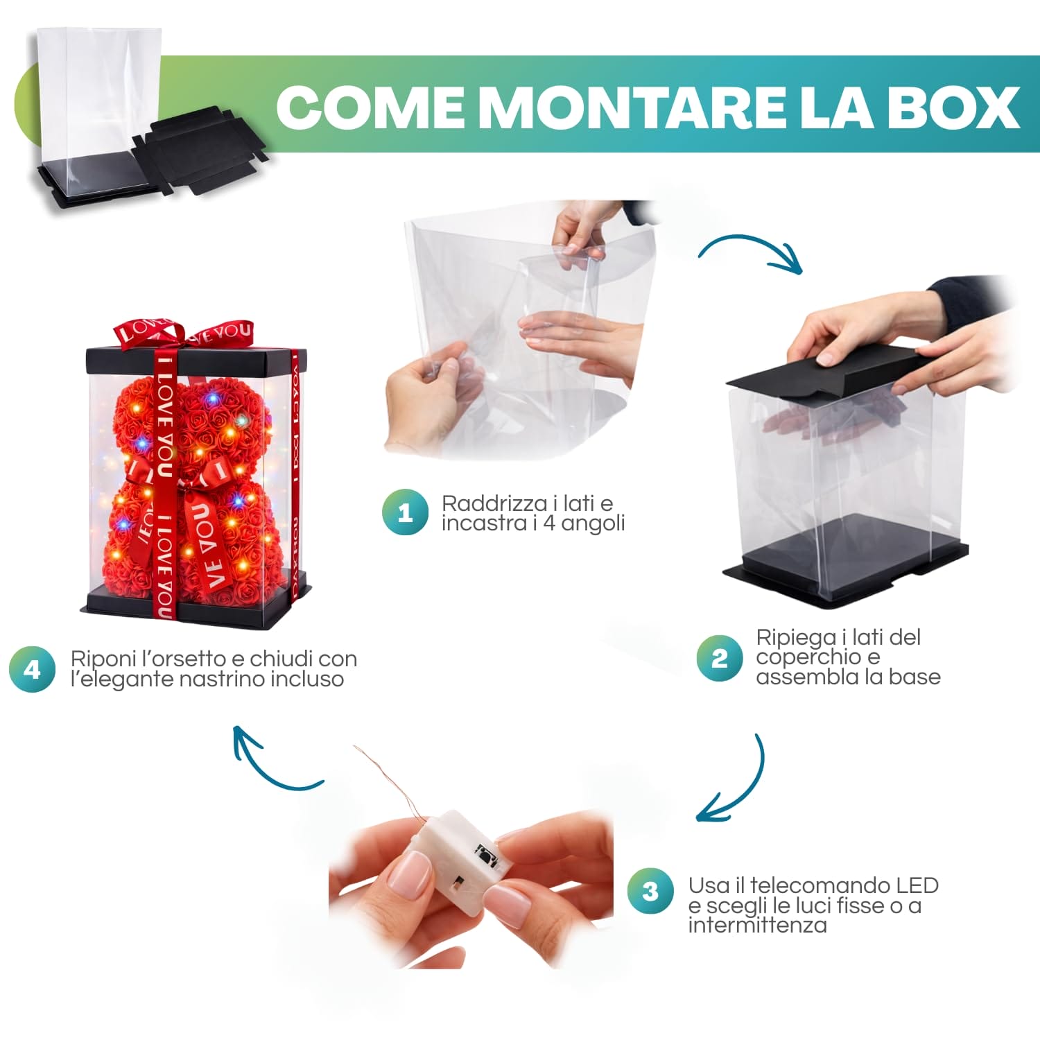 Istruzioni per montare la box regalo dell’orsetto di rose artificiali