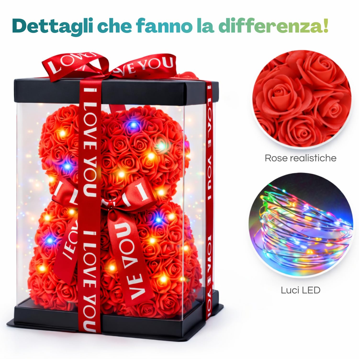 Orsetto di rose rosse con luci LED decorative e box regalo