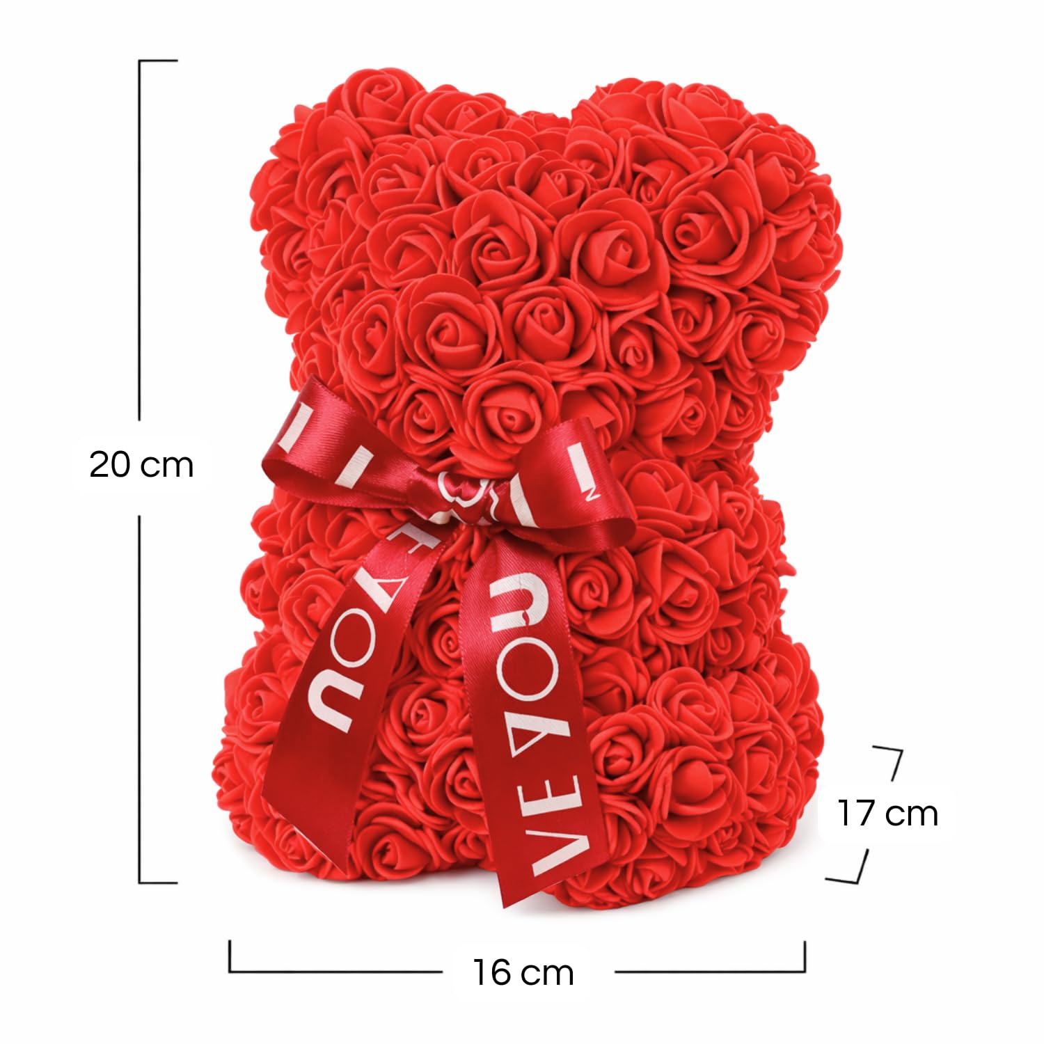 Orsetto di rose rosse artificiali con dimensioni 17x17x25 cm