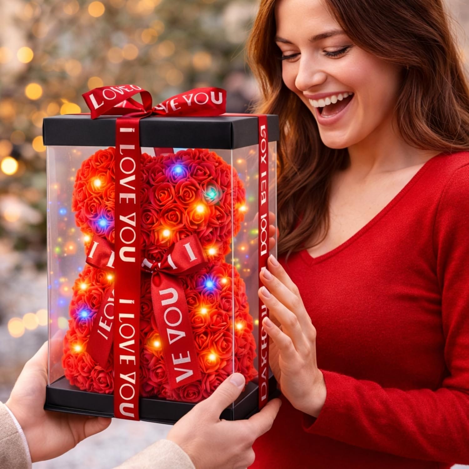 Orsetto di rose rosse in box regalo, idea romantica per San Valentino