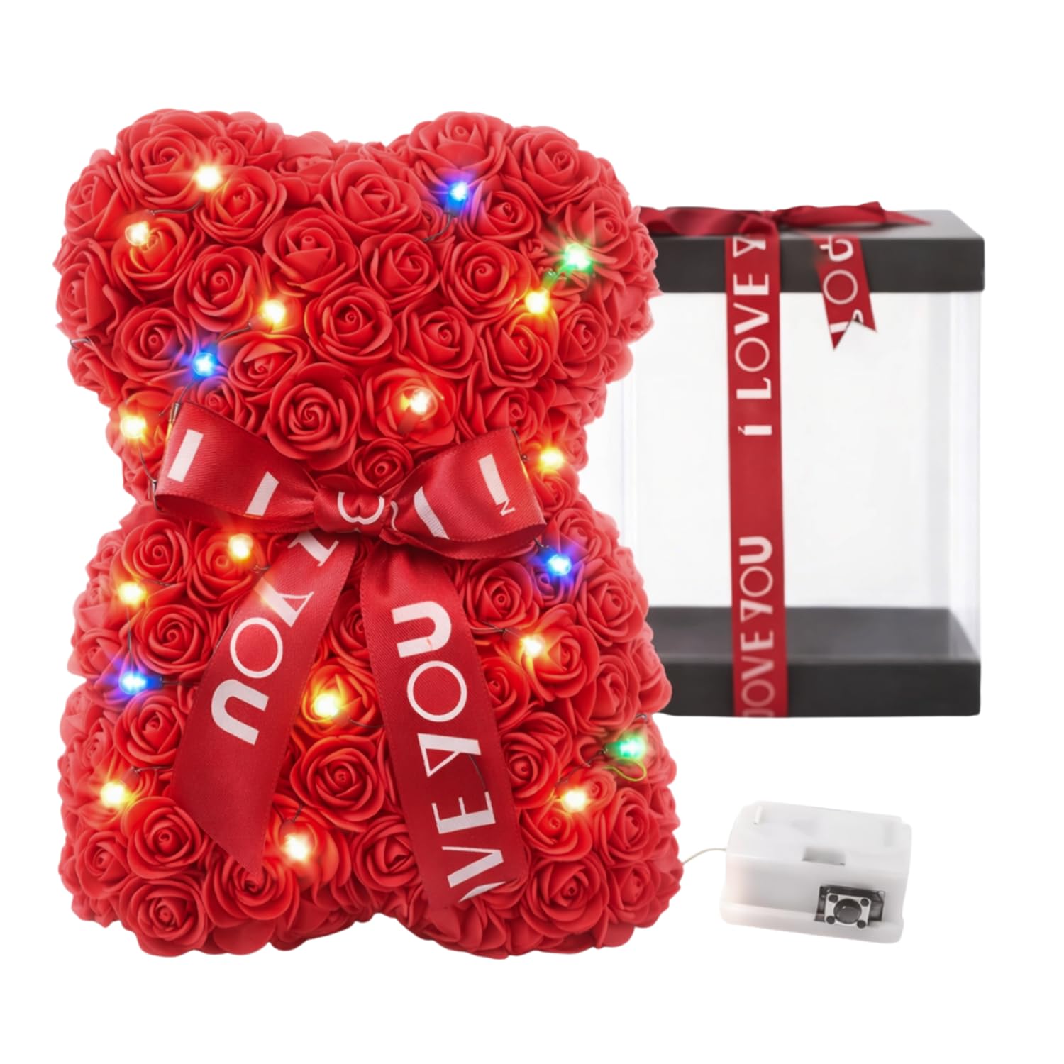 Orsetto di rose rosse artificiali con luci LED, box regalo e telecomando