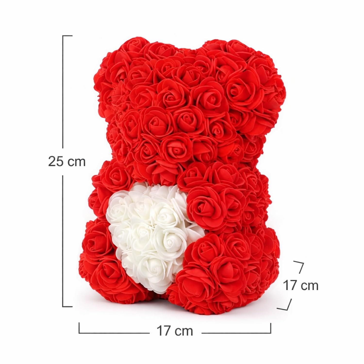 Orsetto di rose rosse artificiali con cuore bianco e altezza 25 cm