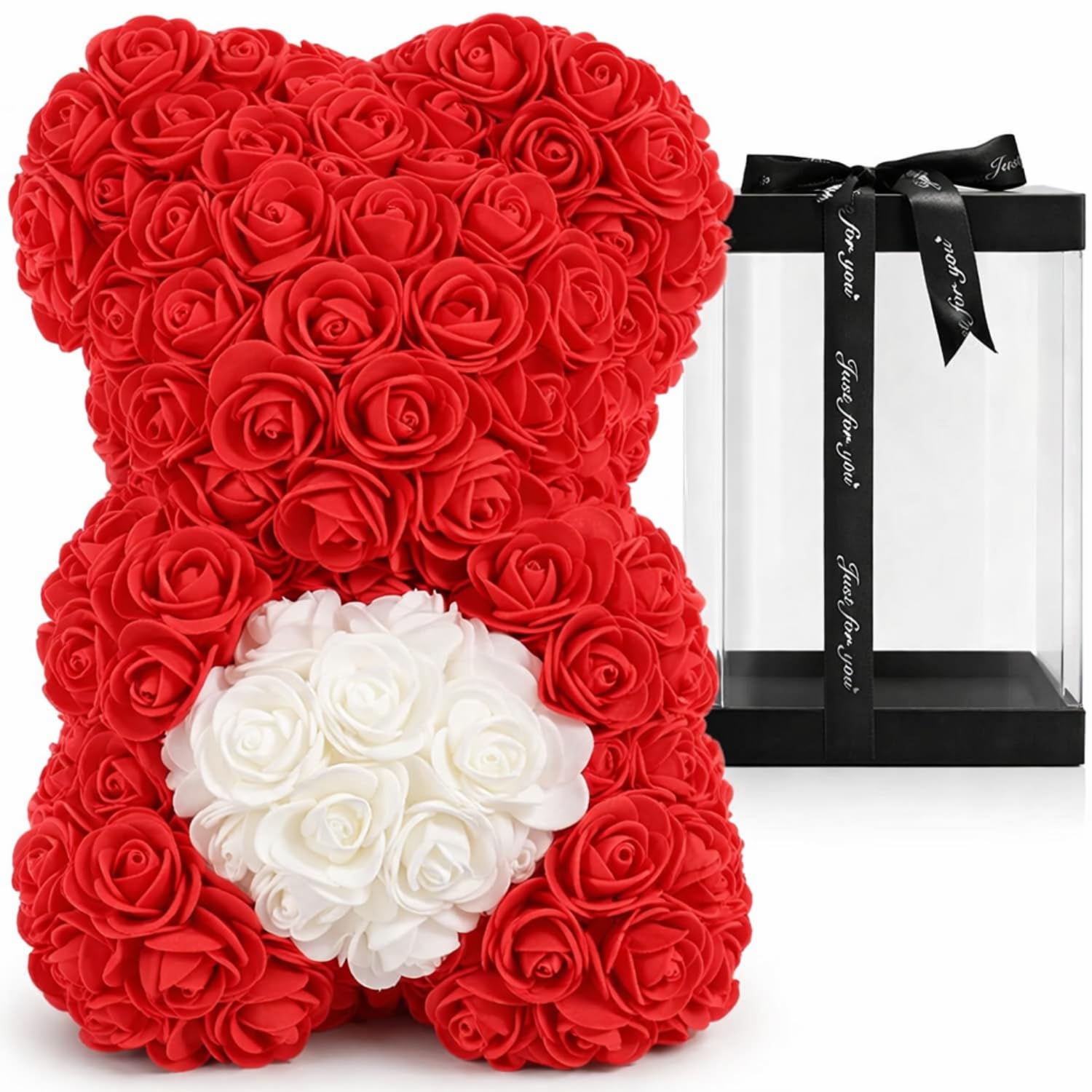 Orsetto di rose rosse artificiali con cuore bianco e scatola regalo
