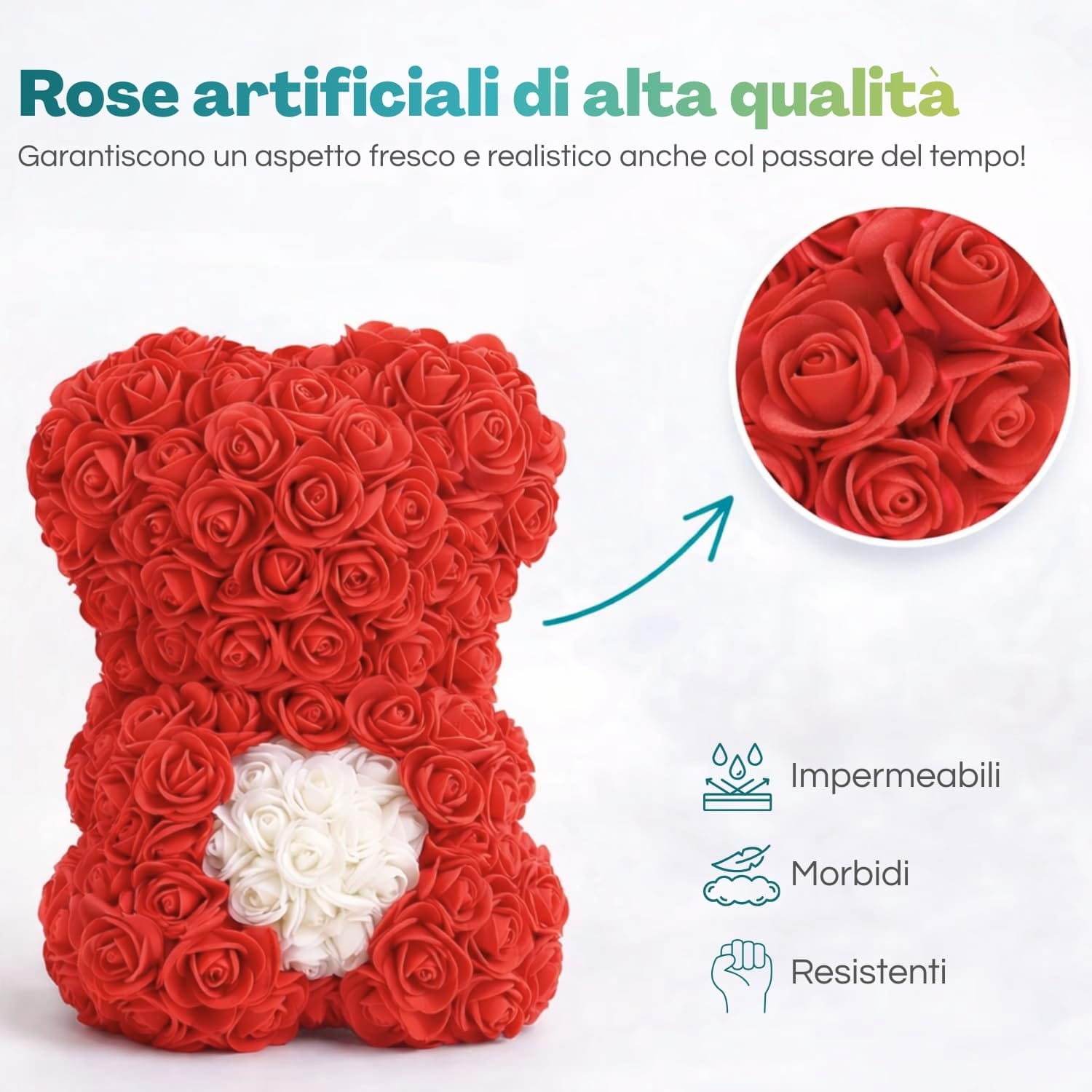 Rose artificiali rosse ad alta qualità su orsetto decorativo romantico