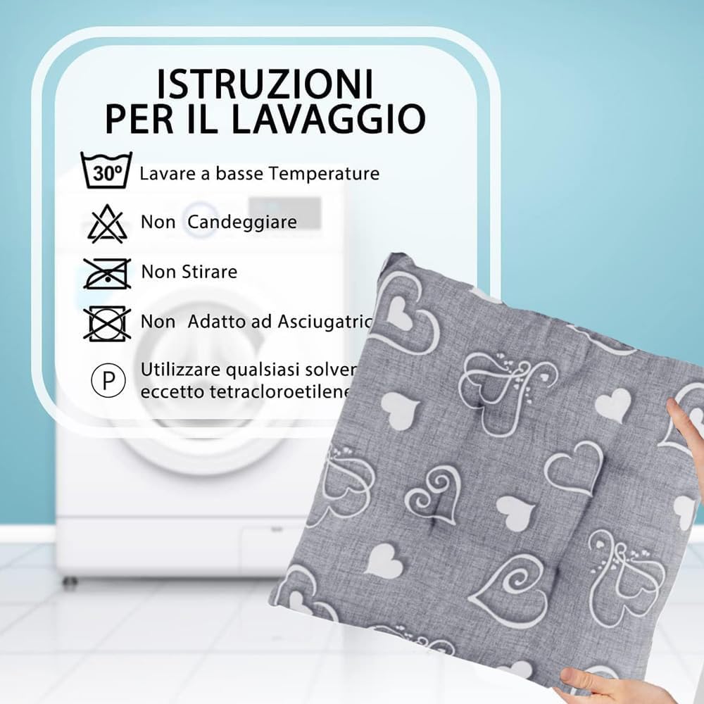 Cuscino sedia 40x40 cm con lacci imbottito lavabile grigio con fantasia cuori in cotone poliestere