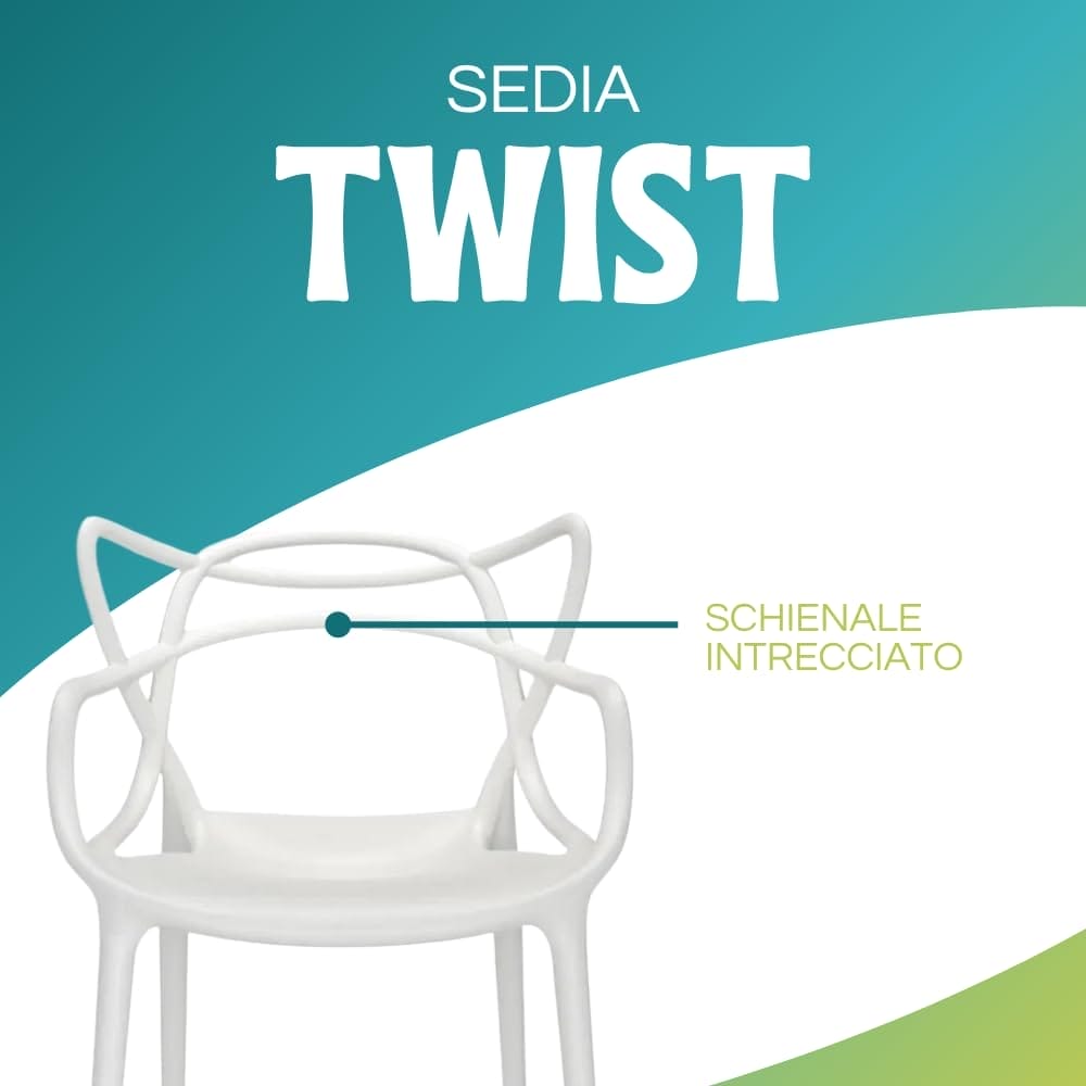 Sedia Maestro bianca in polipropilene con schienale intrecciato e braccioli ergonomici - modello Twist