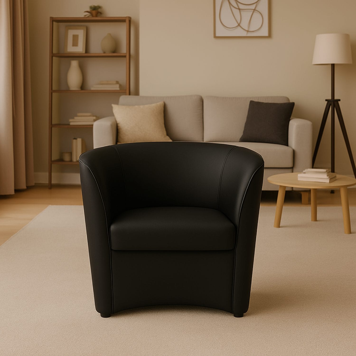 poltrona a pozzetto nera coreografica Poltrona a pozzetto nera elegante in ecopelle in salotto moderno