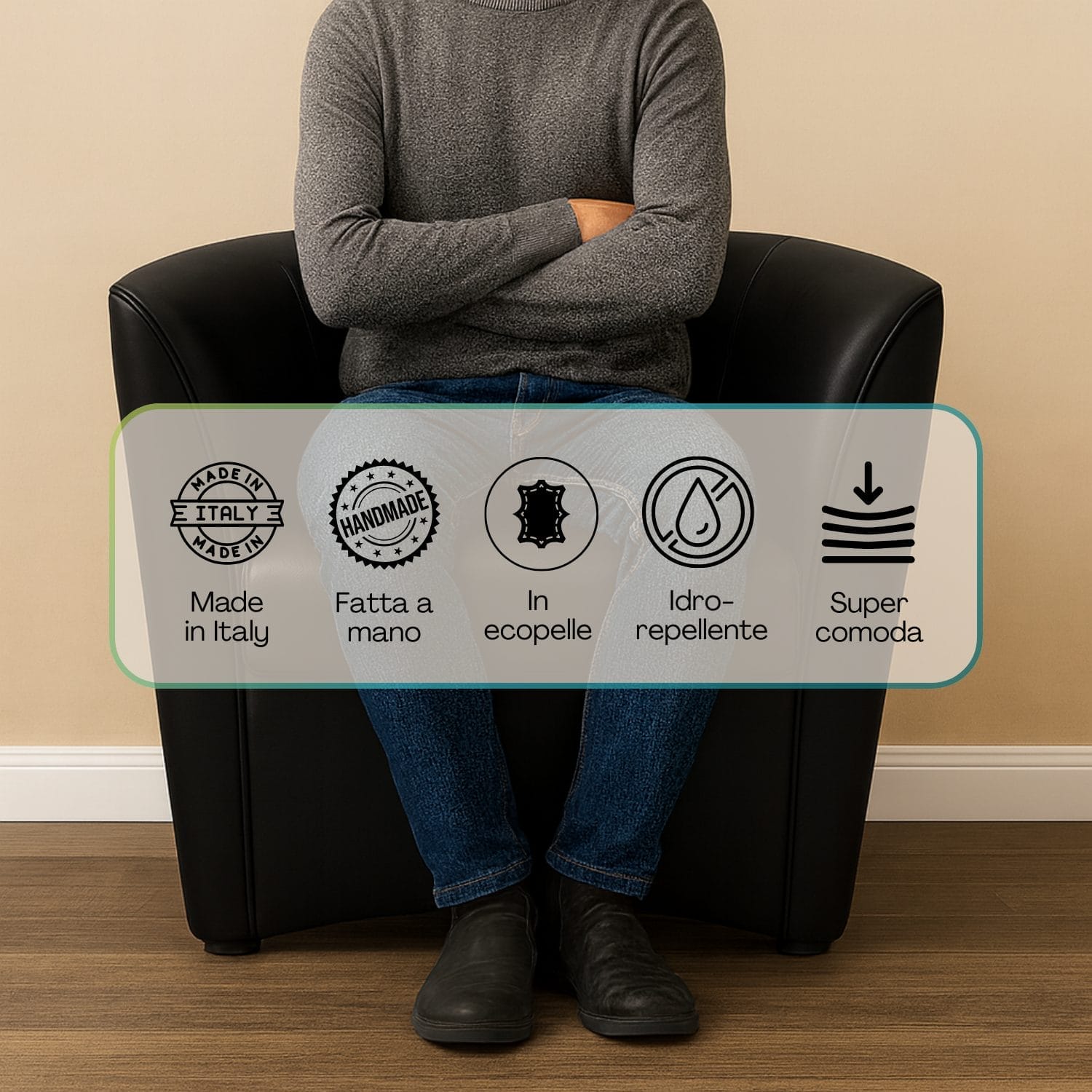 Poltrona a pozzetto nera Made in Italy in ecopelle idrorepellente e comoda